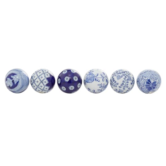 3&#x22; Blue &#x26; White Patterned Ceramic Vase Filler Orb Set